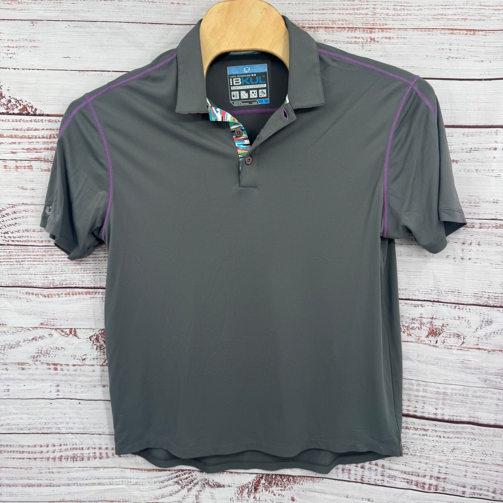IBKUL Golf Polo Shirt Mens Large Gray Purple  UPF 50 Short‎ Sleeve Performance